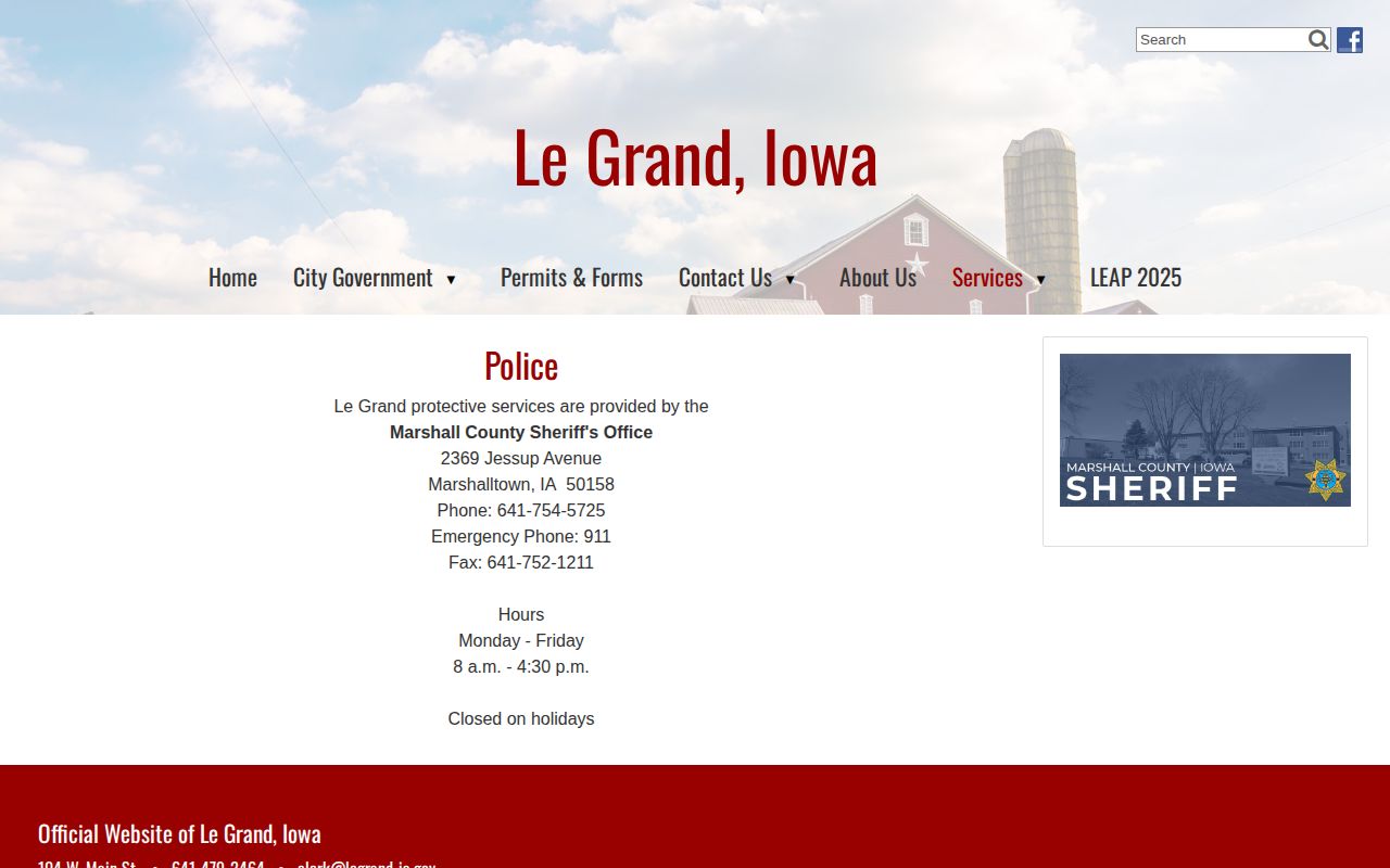 Le Grand police services and Marshall County Sheriff arrest coverage