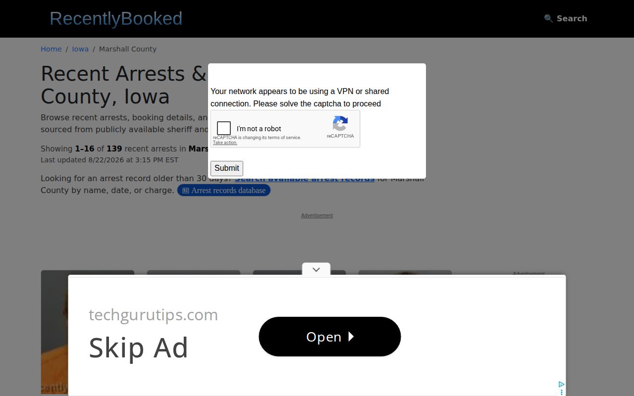 Unofficial RecentlyBooked Marshall County arrest archive page