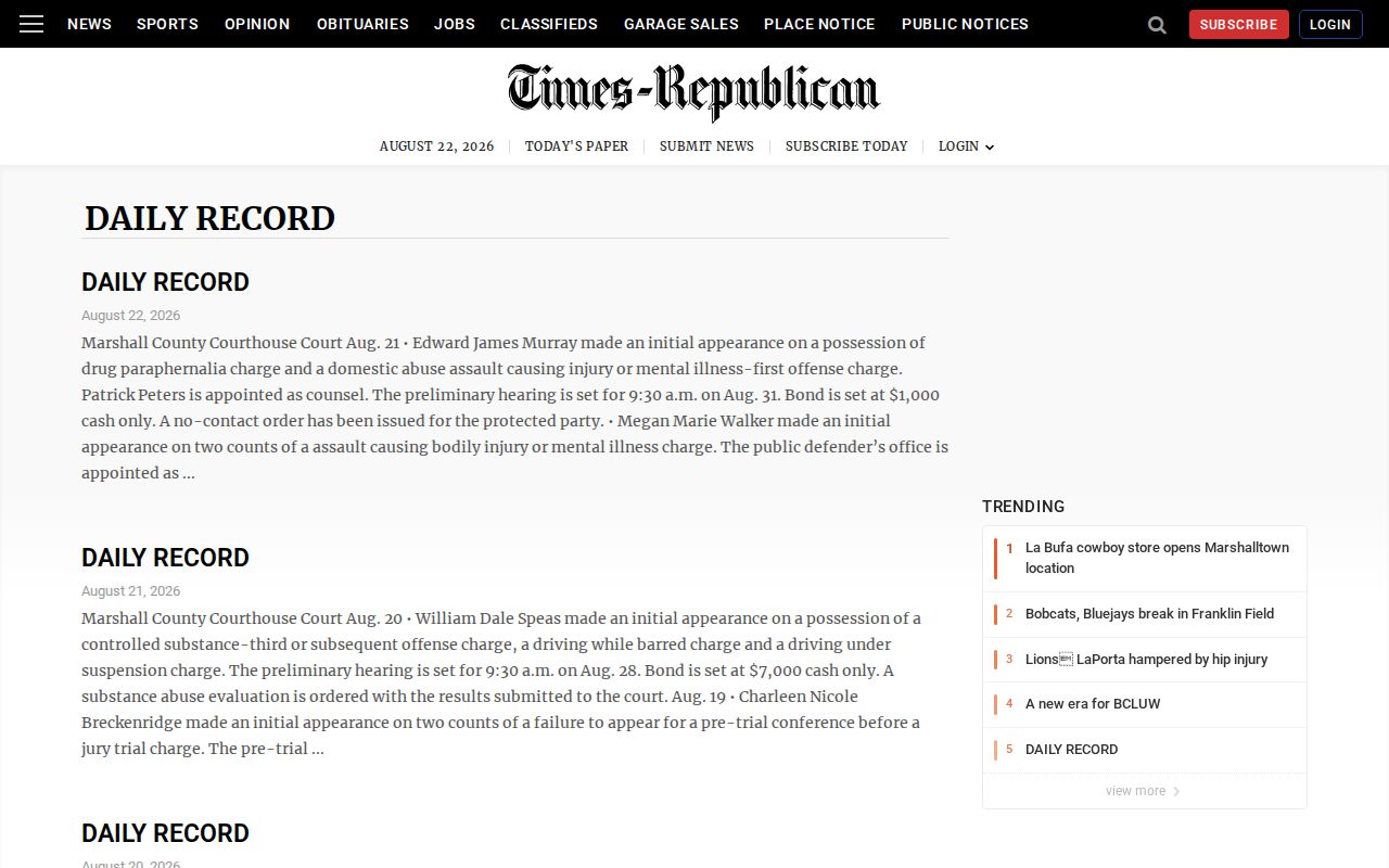 Marshall County crime news in the Times-Republican Daily Record